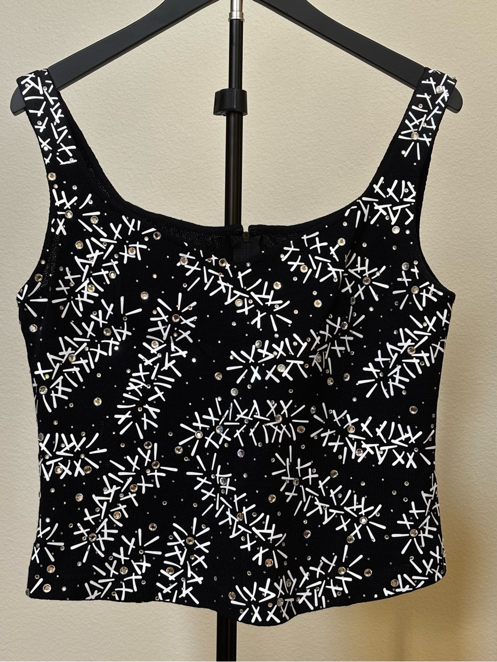 St. John Black Bustier Style Tank with White Piettes and Glass style Sequins